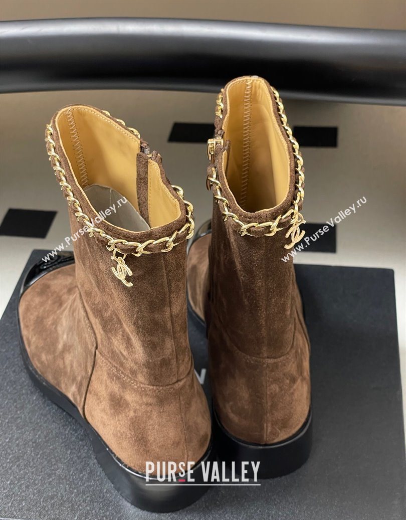Chanel Suede and Patent Leather Flat Ankle Boots 3.5cm with Chain Brown 2025 CH110403 (MD-251104032)