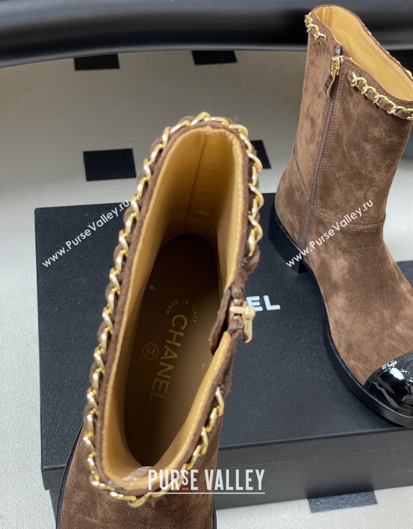 Chanel Suede and Patent Leather Flat Ankle Boots 3.5cm with Chain Brown 2025 CH110403 (MD-251104032)