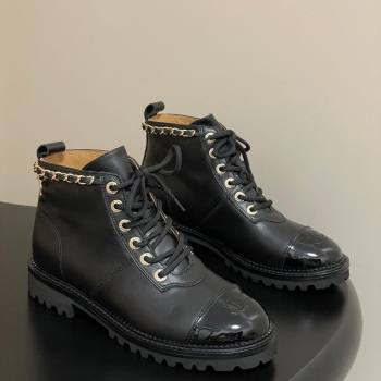 Chanel Calfskin and Patent Leather Laced-up Ankle Boots 3.5cm with Chain Black 2025 CH110404 (MD-251104033)