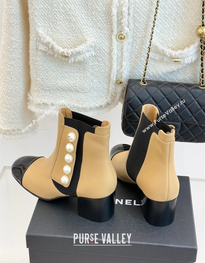 Chanel Lambskin Patent Leather Heel Ankle Boots 5cm with Pearls Beige 2025 CH11030316 (MD-251103126)