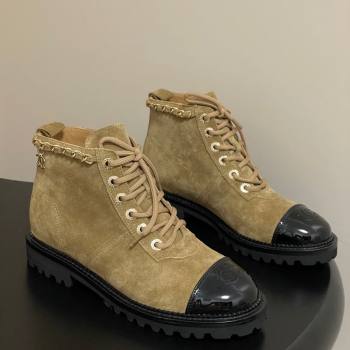 Chanel Suede and Patent Leather Laced-up Ankle Boots 3.5cm with Chain Beige 2025 CH110404 (MD-251104034)