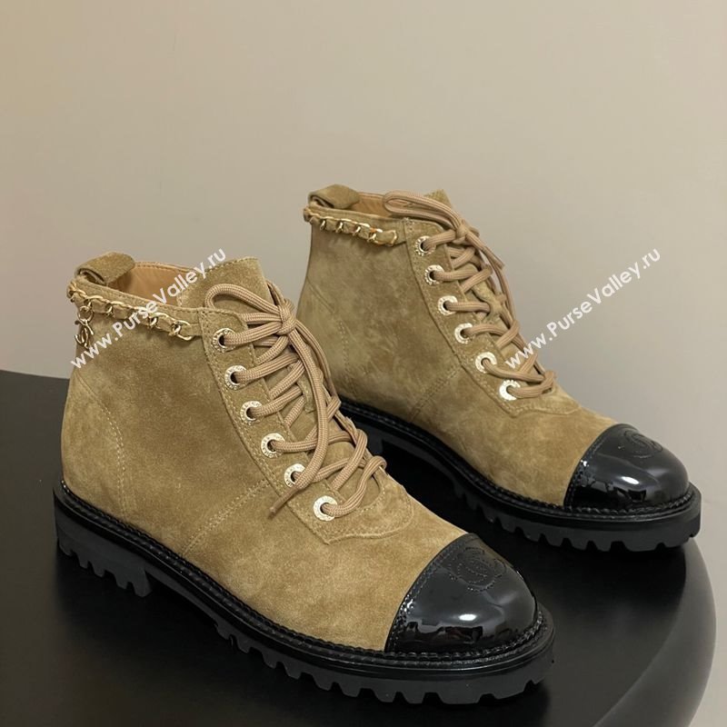 Chanel Suede and Patent Leather Laced-up Ankle Boots 3.5cm with Chain Beige 2025 CH110404 (MD-251104034)