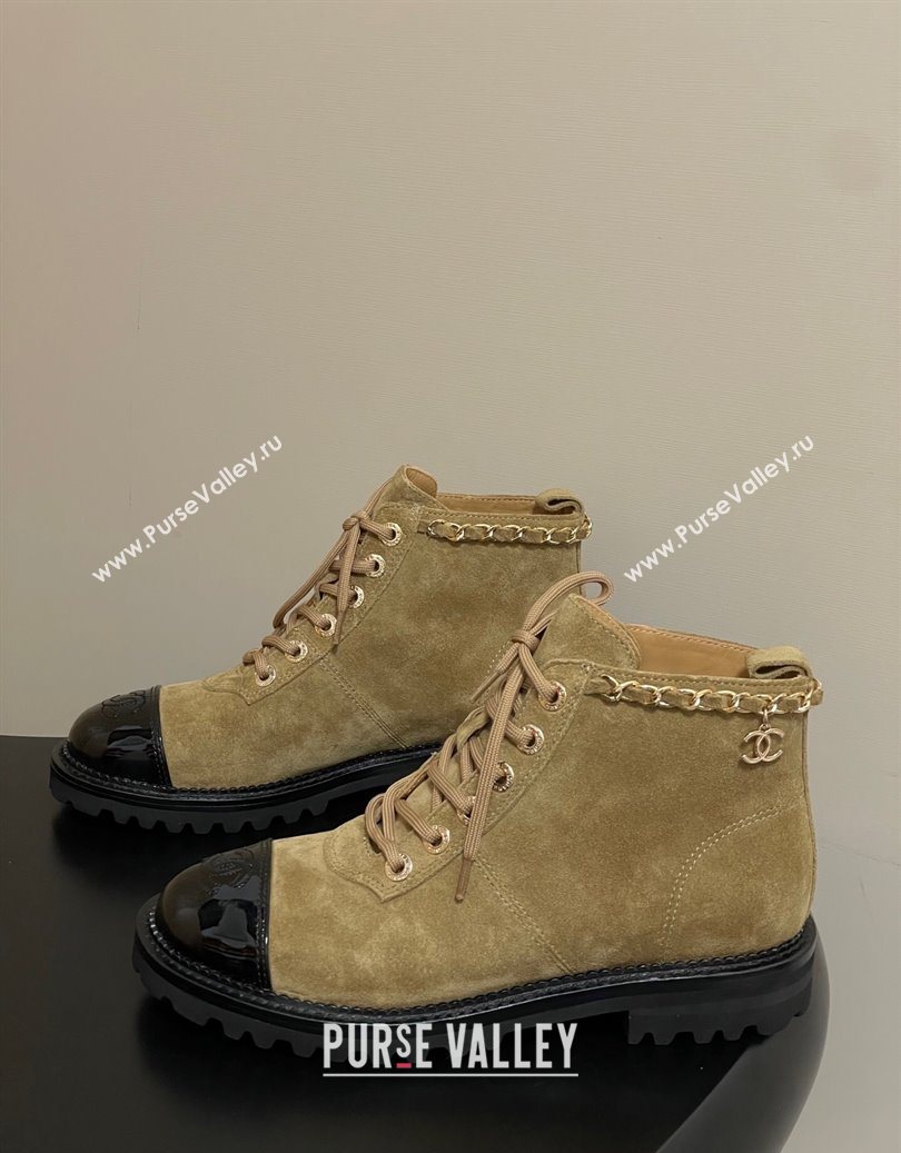 Chanel Suede and Patent Leather Laced-up Ankle Boots 3.5cm with Chain Beige 2025 CH110404 (MD-251104034)