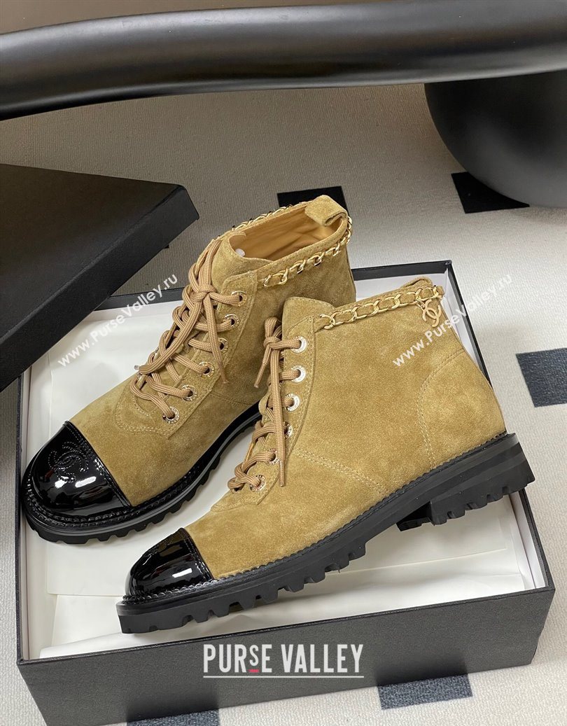 Chanel Suede and Patent Leather Laced-up Ankle Boots 3.5cm with Chain Beige 2025 CH110404 (MD-251104034)
