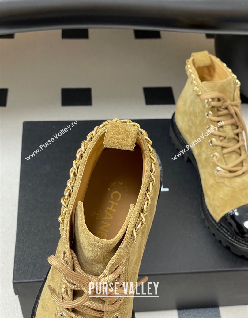 Chanel Suede and Patent Leather Laced-up Ankle Boots 3.5cm with Chain Beige 2025 CH110404 (MD-251104034)