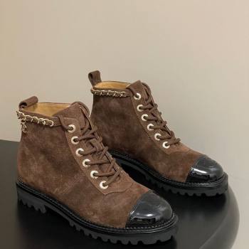 Chanel Suede and Patent Leather Laced-up Ankle Boots 3.5cm with Chain Brown 2025 CH110404 (MD-251104035)