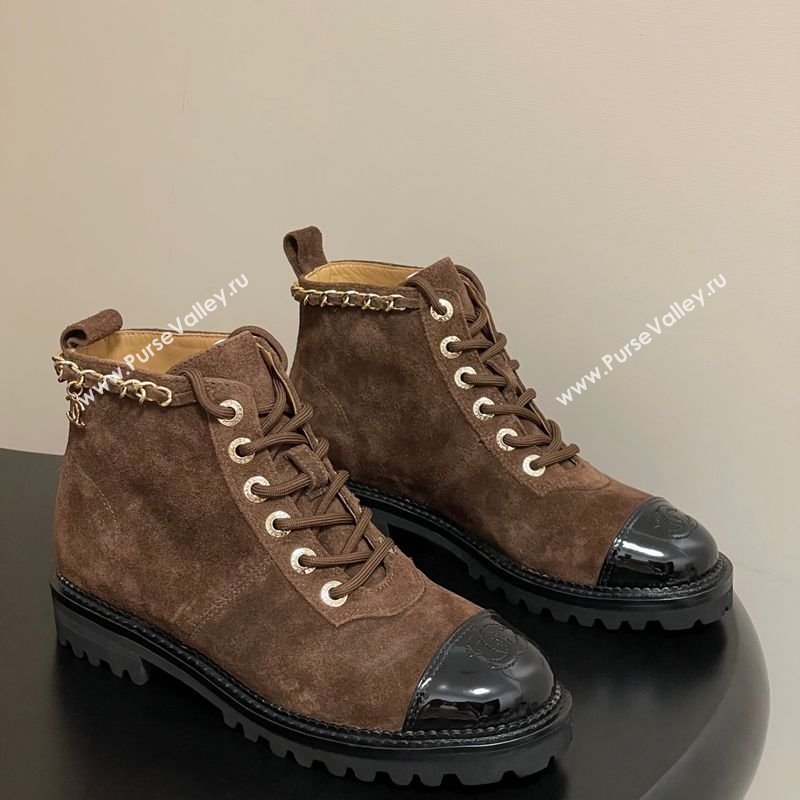 Chanel Suede and Patent Leather Laced-up Ankle Boots 3.5cm with Chain Brown 2025 CH110404 (MD-251104035)