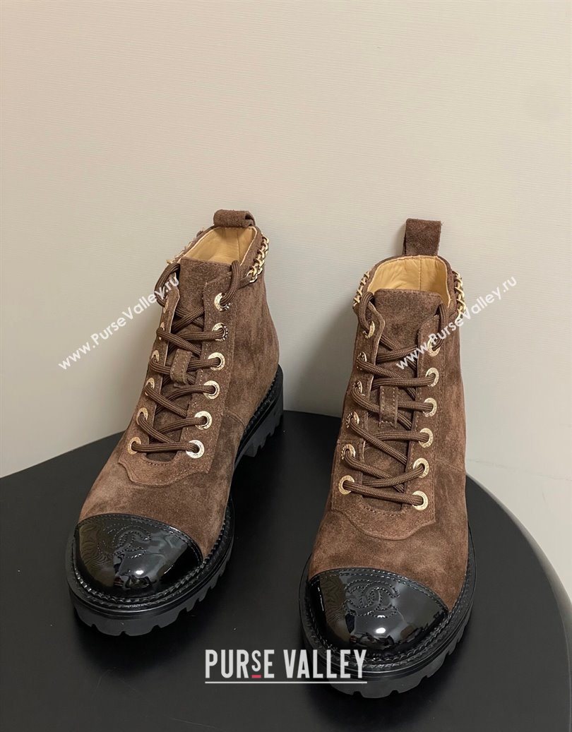Chanel Suede and Patent Leather Laced-up Ankle Boots 3.5cm with Chain Brown 2025 CH110404 (MD-251104035)