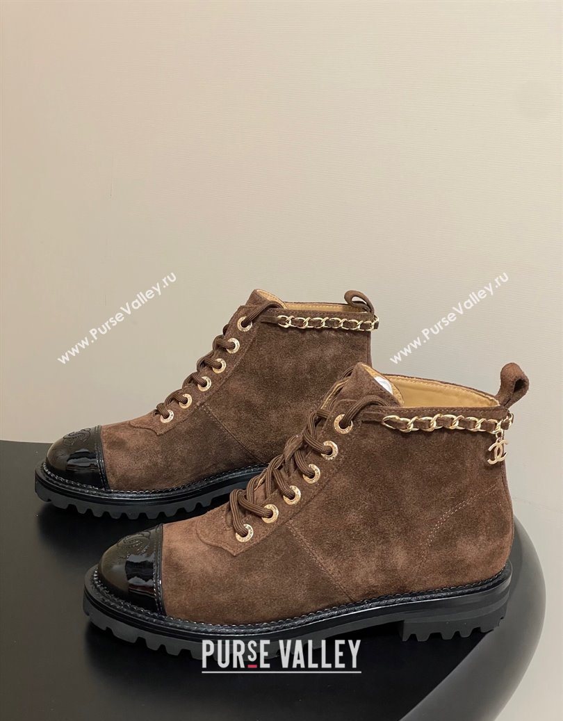 Chanel Suede and Patent Leather Laced-up Ankle Boots 3.5cm with Chain Brown 2025 CH110404 (MD-251104035)