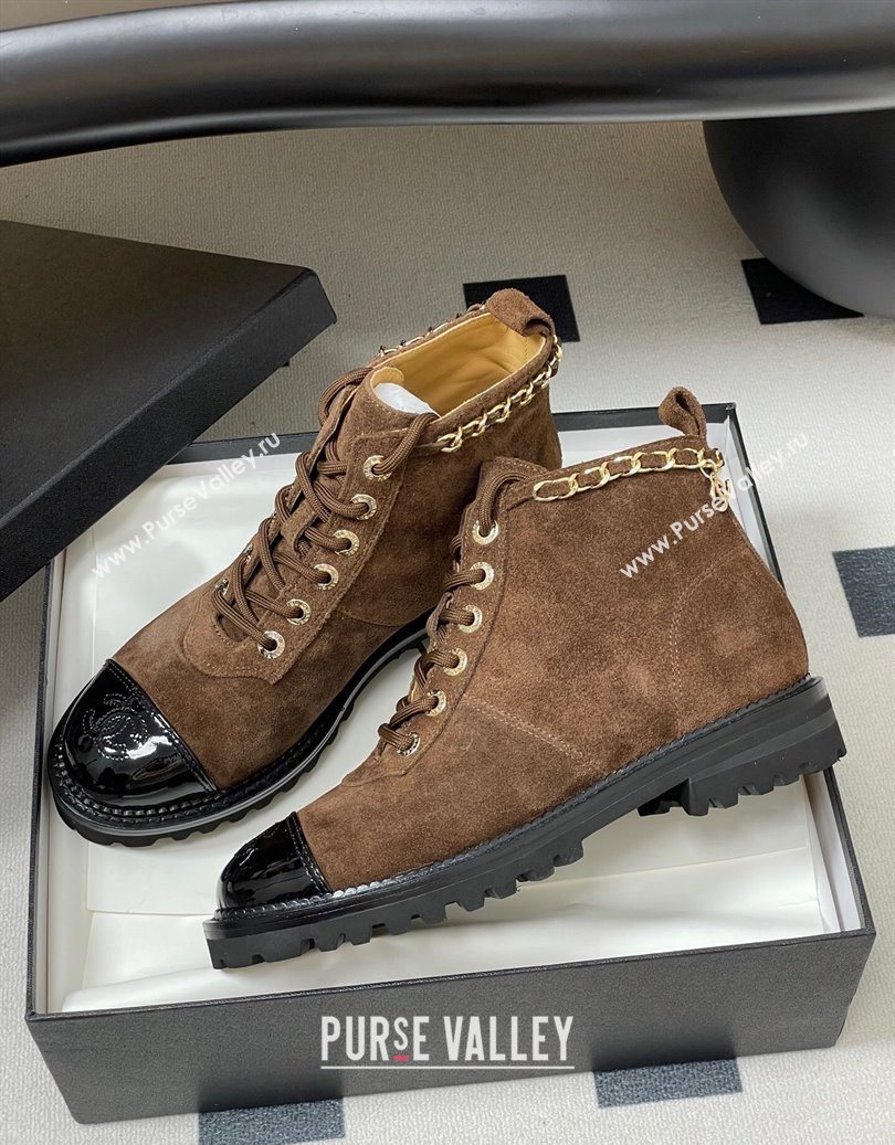 Chanel Suede and Patent Leather Laced-up Ankle Boots 3.5cm with Chain Brown 2025 CH110404 (MD-251104035)