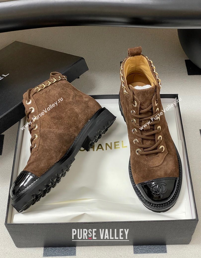 Chanel Suede and Patent Leather Laced-up Ankle Boots 3.5cm with Chain Brown 2025 CH110404 (MD-251104035)