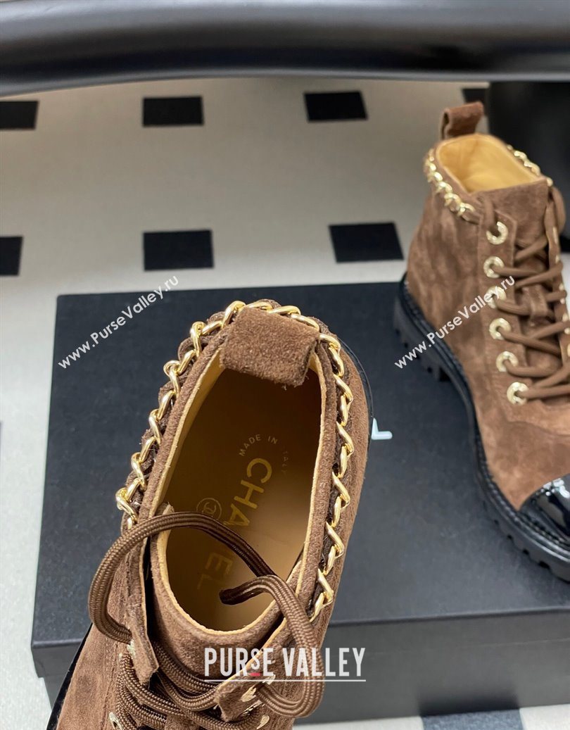 Chanel Suede and Patent Leather Laced-up Ankle Boots 3.5cm with Chain Brown 2025 CH110404 (MD-251104035)