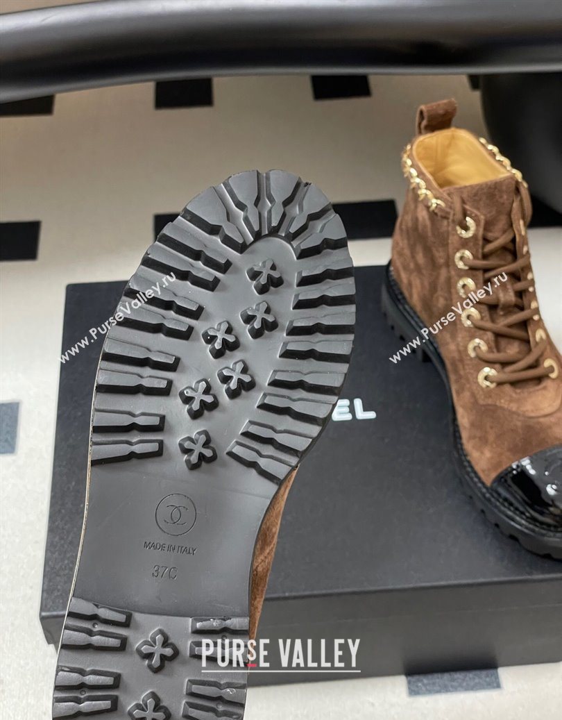 Chanel Suede and Patent Leather Laced-up Ankle Boots 3.5cm with Chain Brown 2025 CH110404 (MD-251104035)