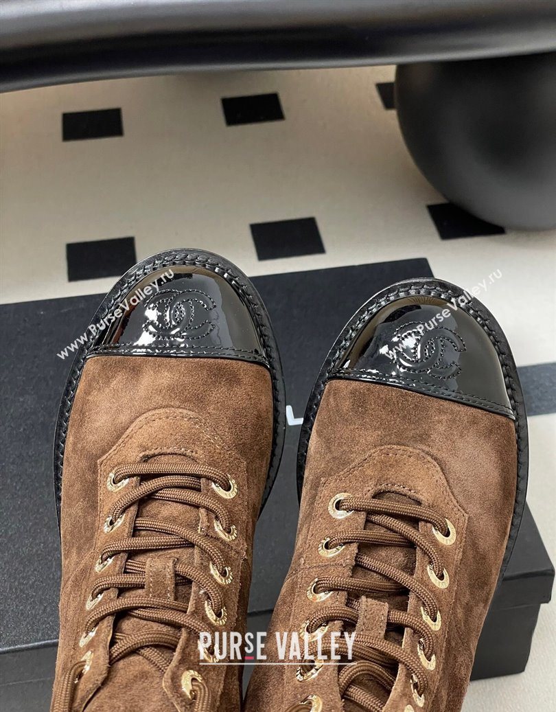 Chanel Suede and Patent Leather Laced-up Ankle Boots 3.5cm with Chain Brown 2025 CH110404 (MD-251104035)