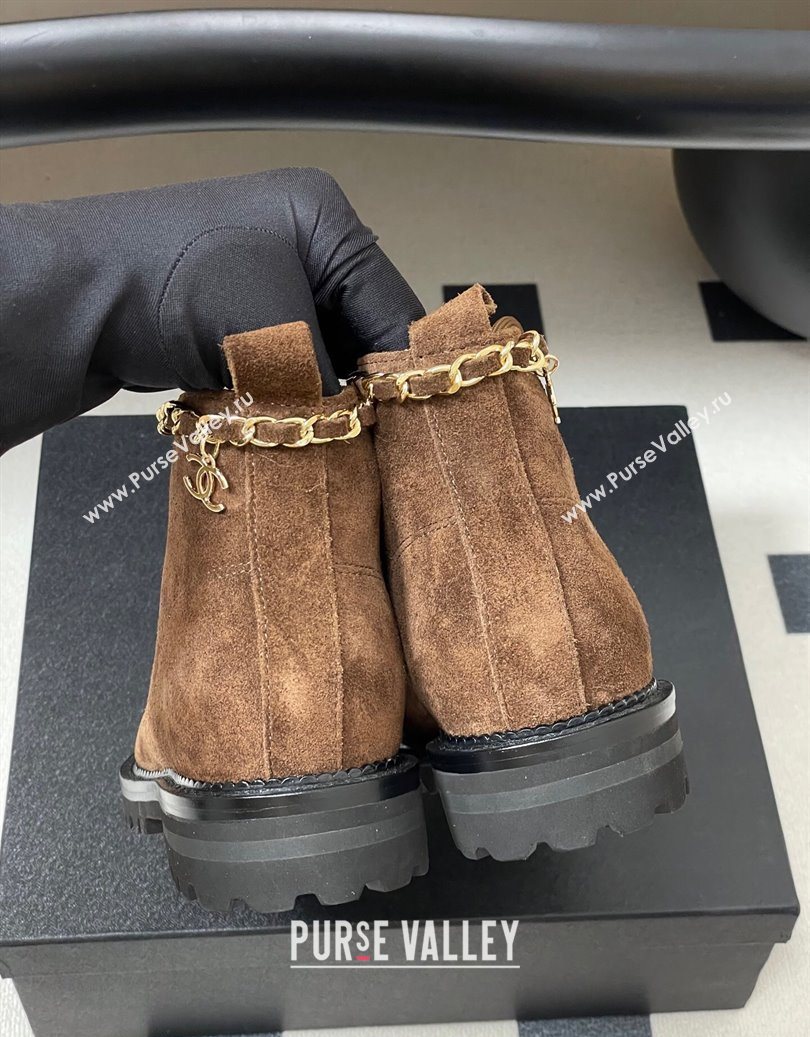 Chanel Suede and Patent Leather Laced-up Ankle Boots 3.5cm with Chain Brown 2025 CH110404 (MD-251104035)