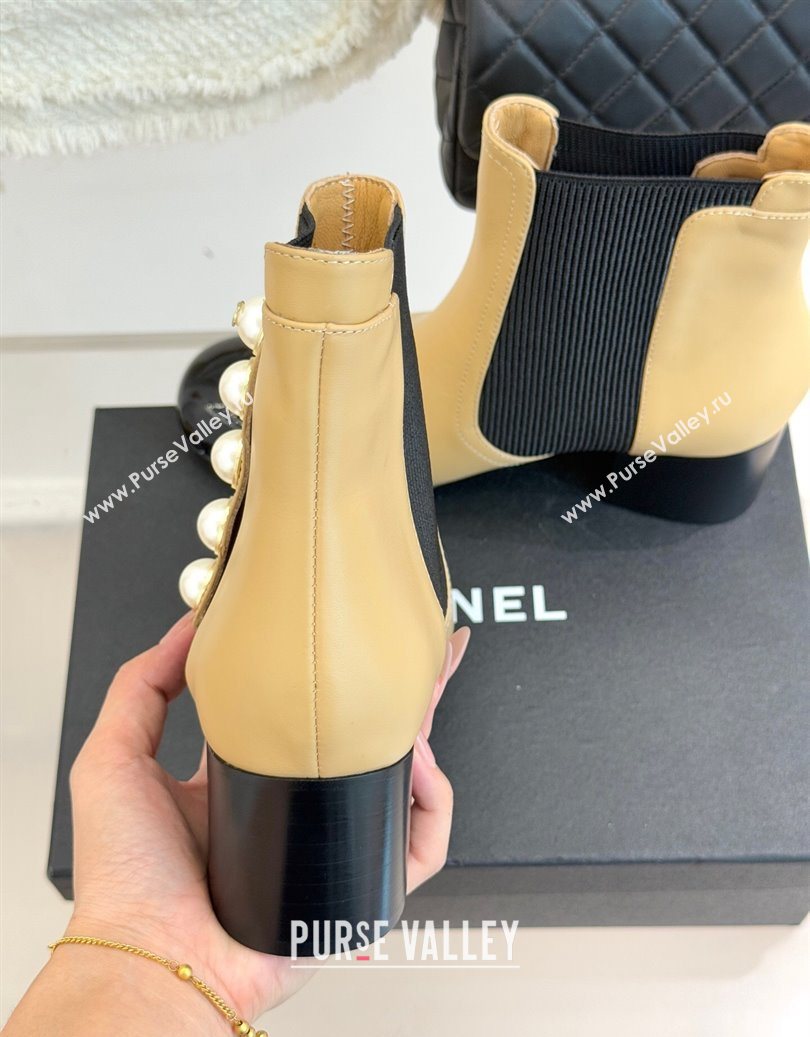 Chanel Lambskin Patent Leather Heel Ankle Boots 5cm with Pearls Beige 2025 CH11030316 (MD-251103126)