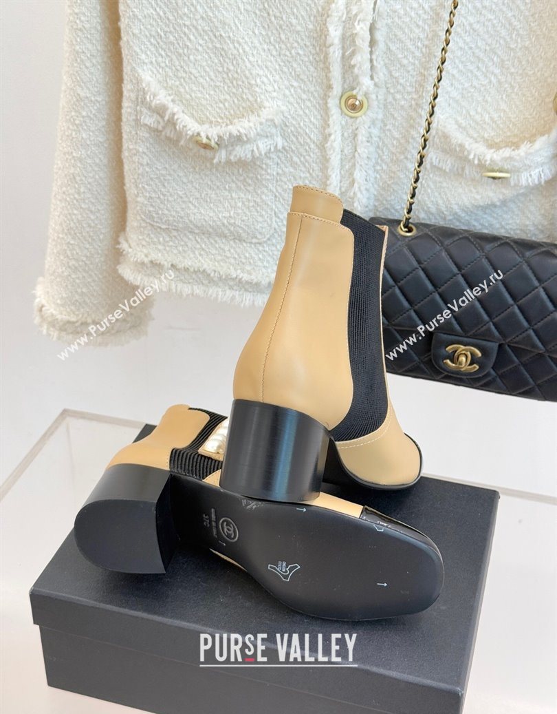 Chanel Lambskin Patent Leather Heel Ankle Boots 5cm with Pearls Beige 2025 CH11030316 (MD-251103126)