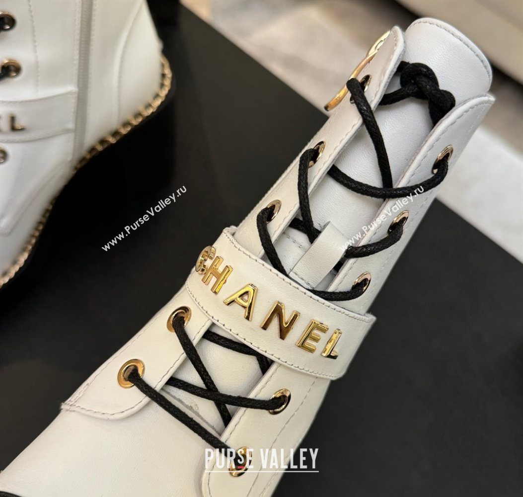Chanel Calfskin Leather Laced-up Ankle Boots with Chain White 2025 CH110405 (MD-251104036)