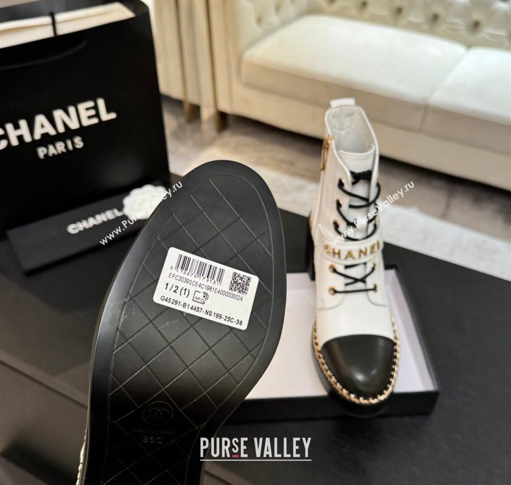 Chanel Calfskin Leather Laced-up Ankle Boots with Chain White 2025 CH110405 (MD-251104036)