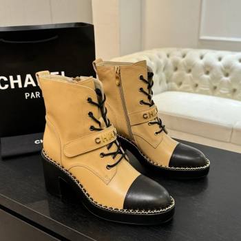Chanel Calfskin Leather Laced-up Ankle Boots with Chain Beige Yellow 2025 CH110405 (MD-251104037)