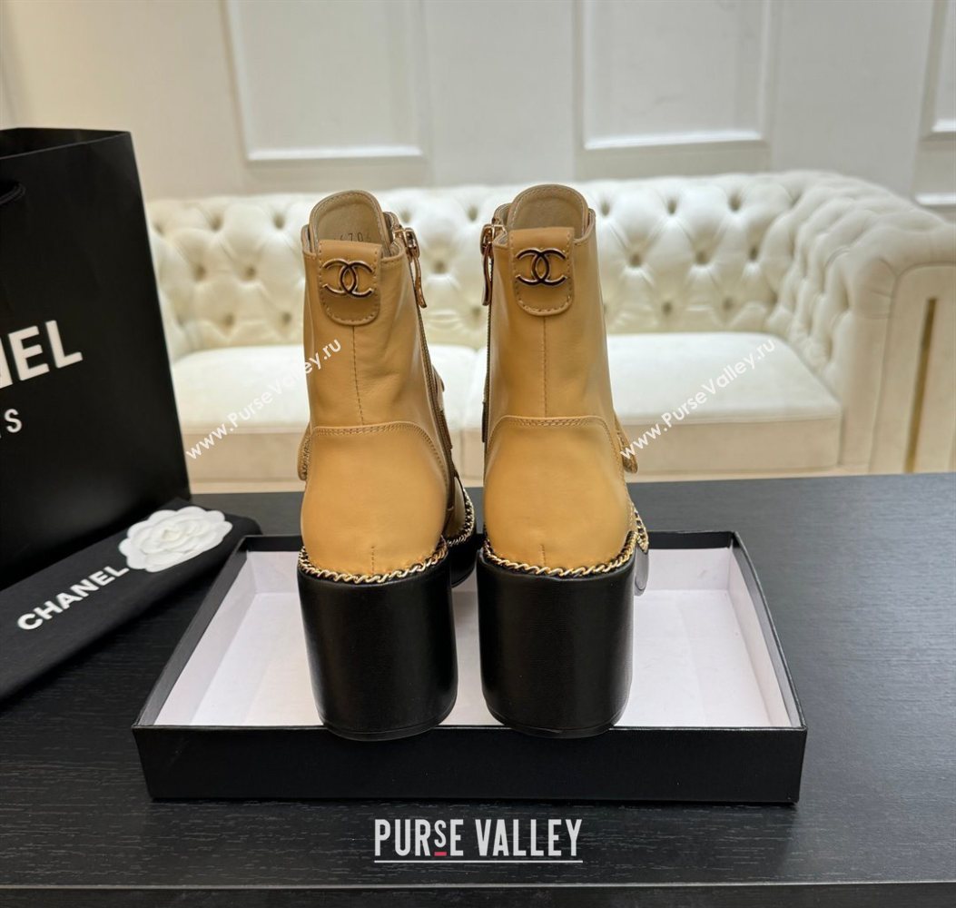 Chanel Calfskin Leather Laced-up Ankle Boots with Chain Beige Yellow 2025 CH110405 (MD-251104037)