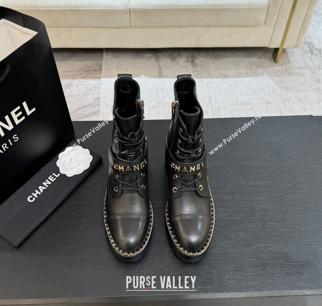 Chanel Calfskin Leather Laced-up Ankle Boots with Chain Black 2025 CH110405 (MD-251104038)