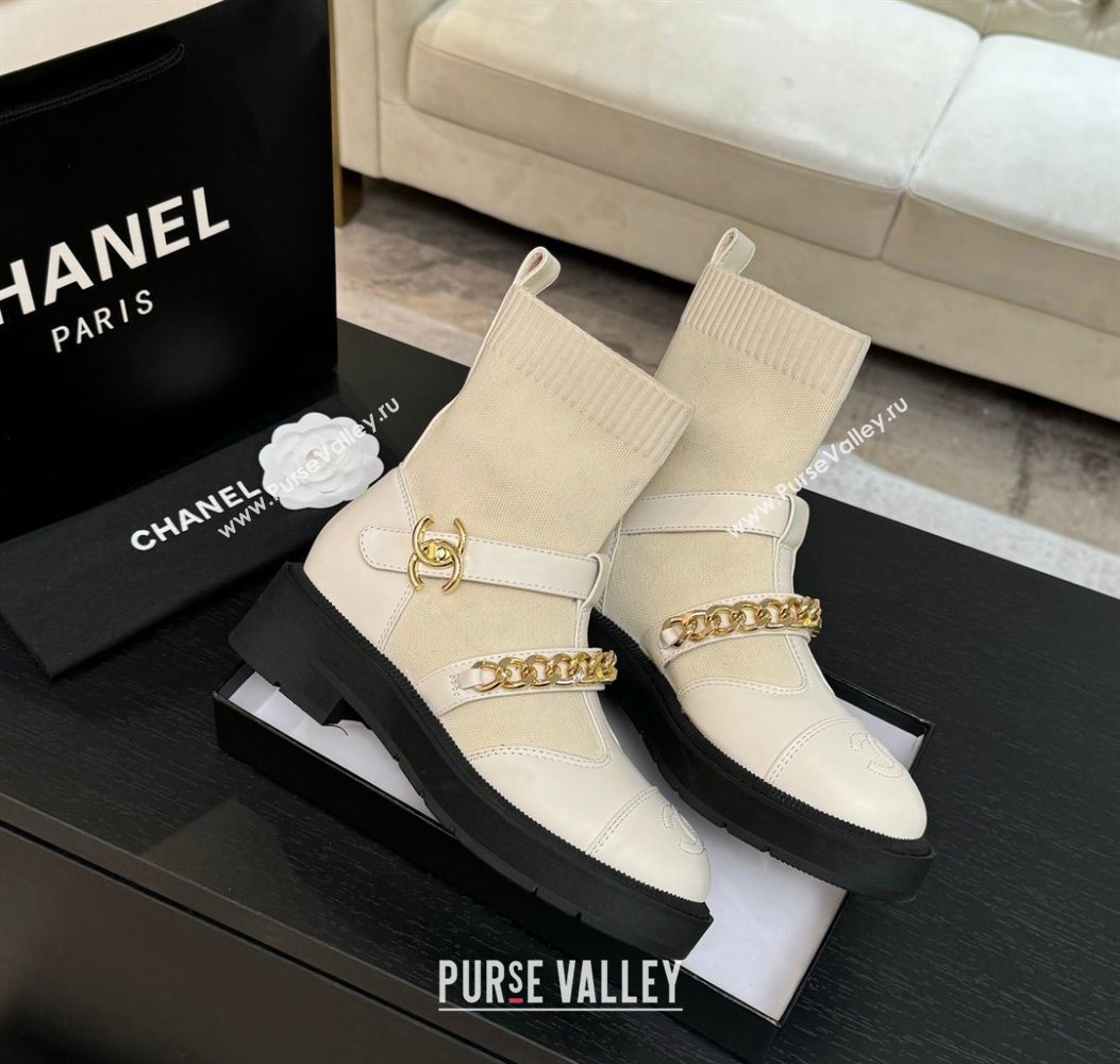 Chanel Knit Calfskin Leather Ankle Boots with Chain White 2025 CH110406 (MD-251104039)
