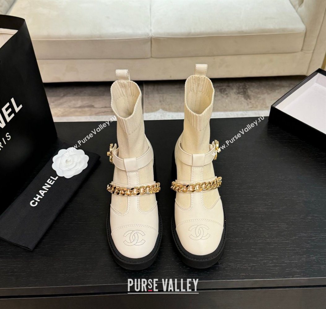Chanel Knit Calfskin Leather Ankle Boots with Chain White 2025 CH110406 (MD-251104039)
