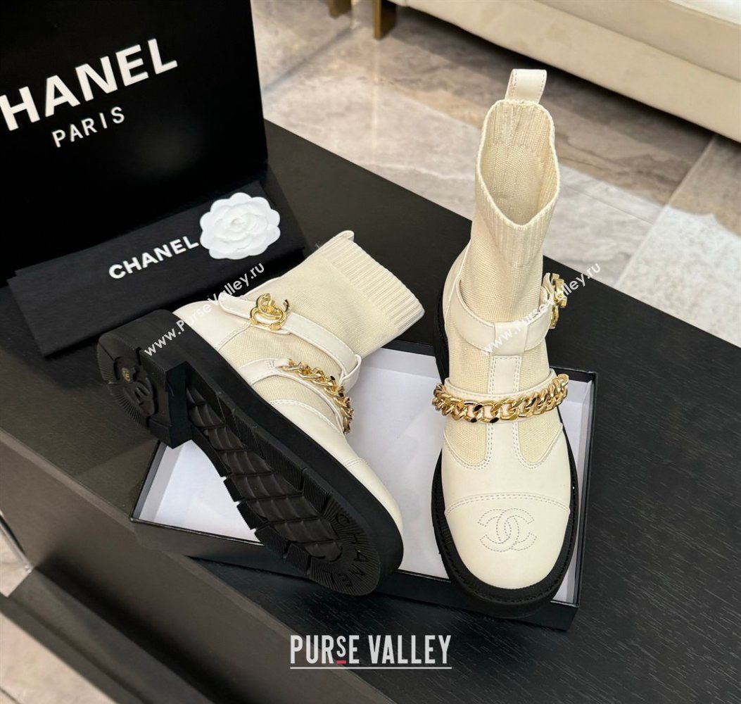 Chanel Knit Calfskin Leather Ankle Boots with Chain White 2025 CH110406 (MD-251104039)