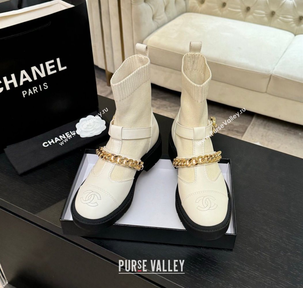 Chanel Knit Calfskin Leather Ankle Boots with Chain White 2025 CH110406 (MD-251104039)