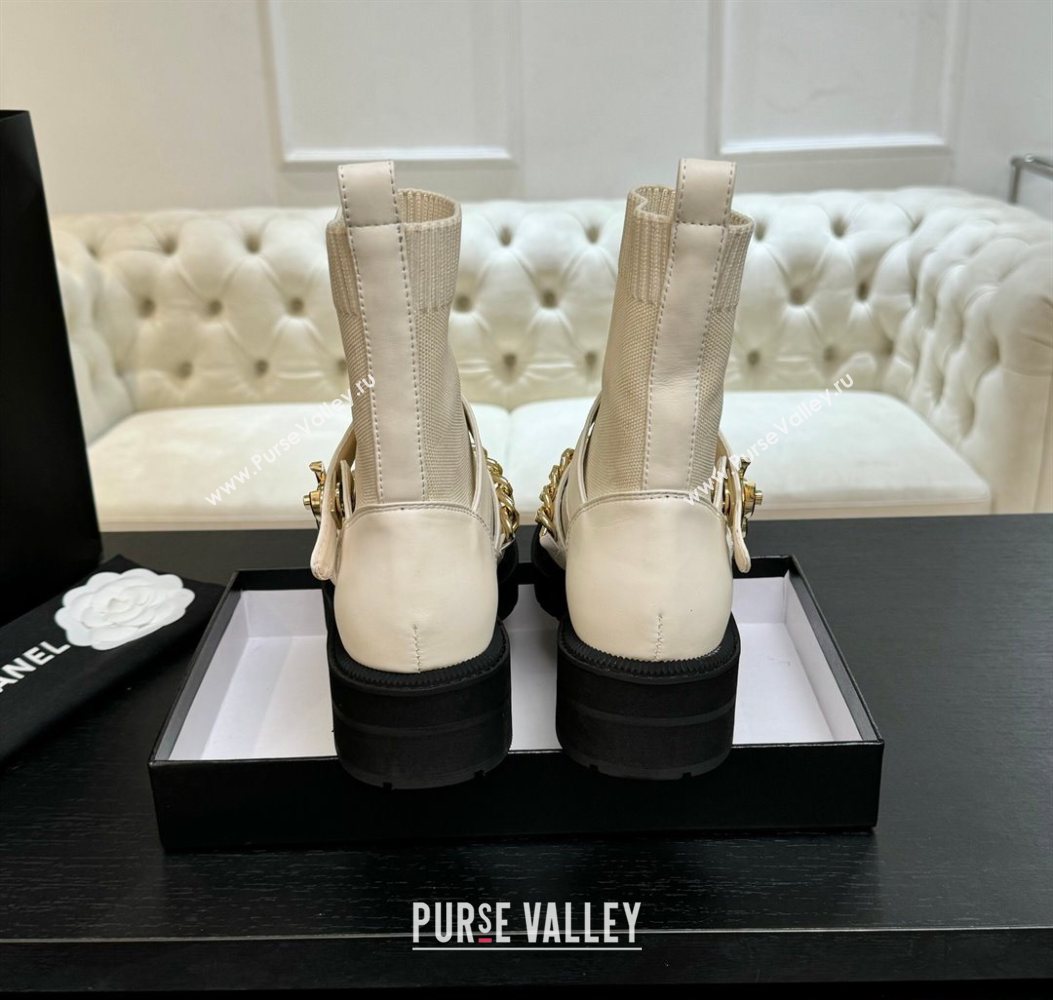 Chanel Knit Calfskin Leather Ankle Boots with Chain White 2025 CH110406 (MD-251104039)
