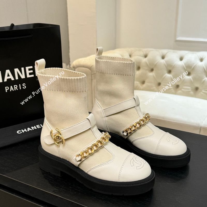 Chanel Knit Calfskin Leather Ankle Boots with Chain White 2025 CH110406 (MD-251104039)