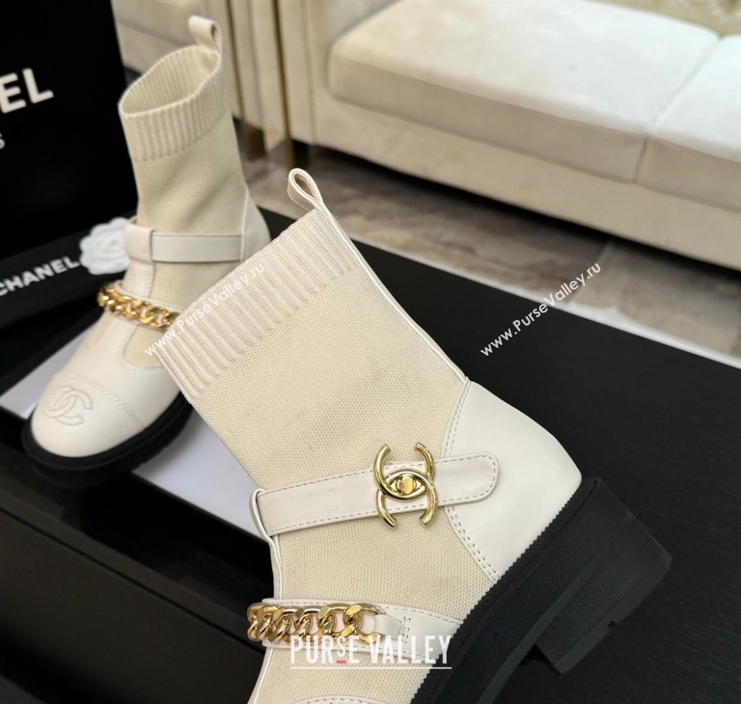 Chanel Knit Calfskin Leather Ankle Boots with Chain White 2025 CH110406 (MD-251104039)