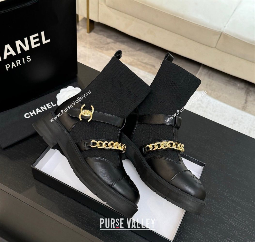 Chanel Knit Calfskin Leather Ankle Boots with Chain Black 2025 CH110406 (MD-251104040)