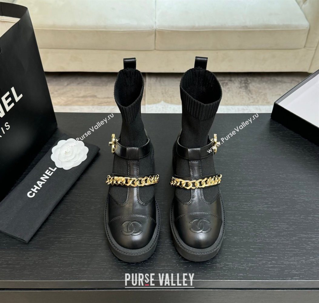 Chanel Knit Calfskin Leather Ankle Boots with Chain Black 2025 CH110406 (MD-251104040)