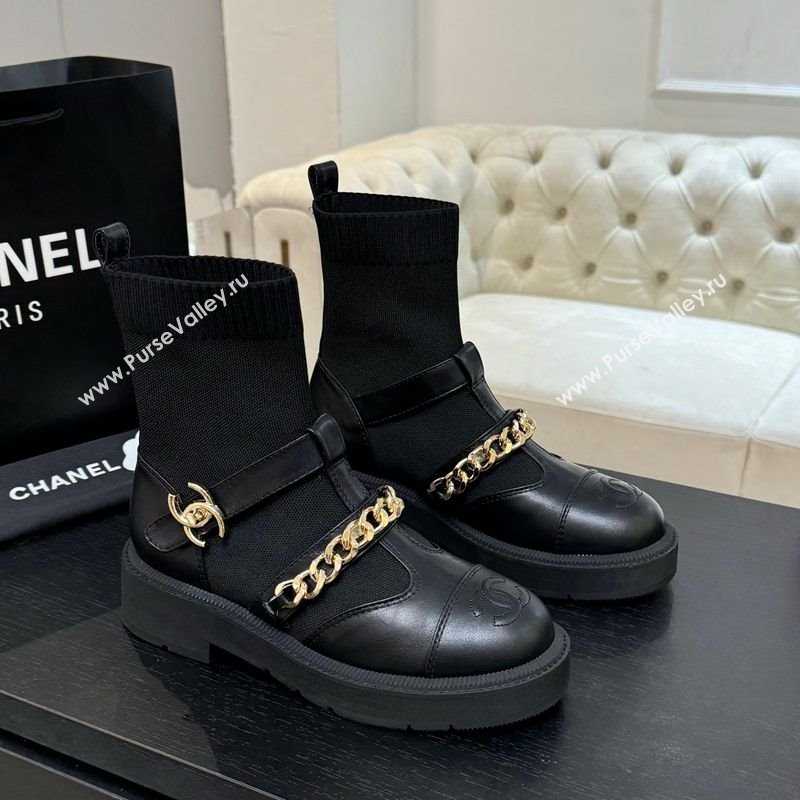 Chanel Knit Calfskin Leather Ankle Boots with Chain Black 2025 CH110406 (MD-251104040)