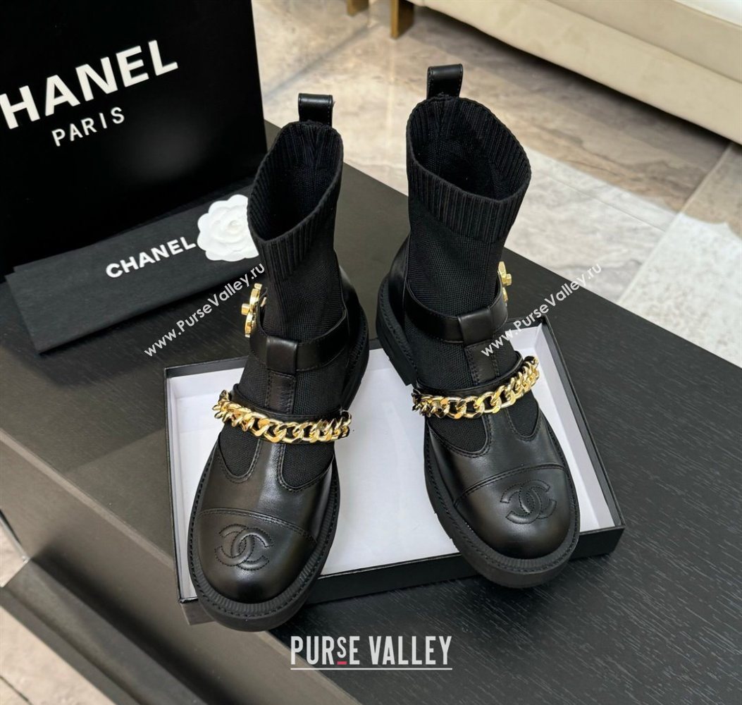 Chanel Knit Calfskin Leather Ankle Boots with Chain Black 2025 CH110406 (MD-251104040)