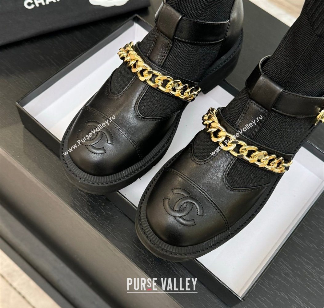 Chanel Knit Calfskin Leather Ankle Boots with Chain Black 2025 CH110406 (MD-251104040)