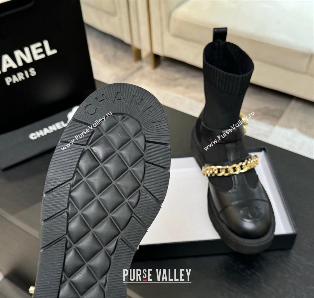 Chanel Knit Calfskin Leather Ankle Boots with Chain Black 2025 CH110406 (MD-251104040)