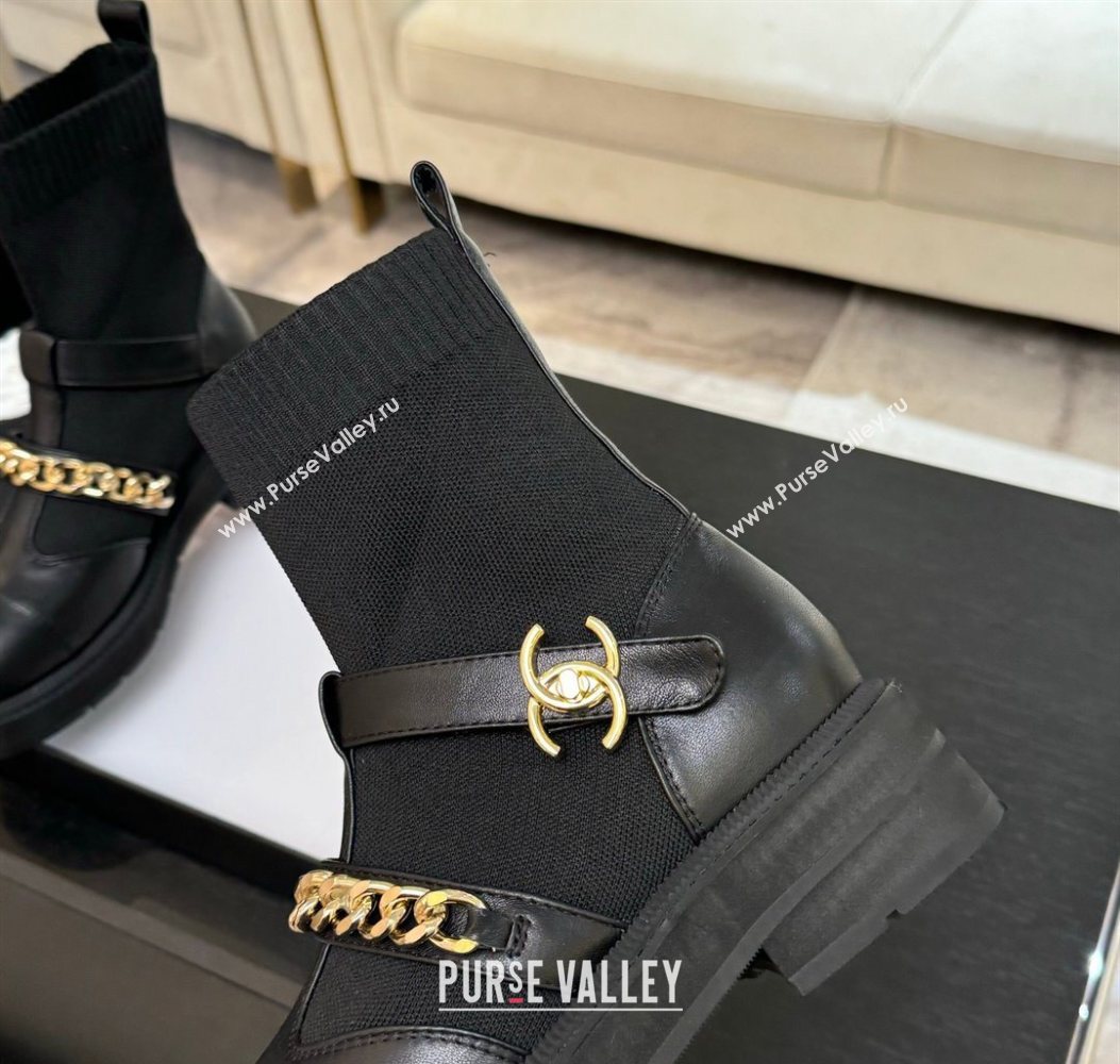 Chanel Knit Calfskin Leather Ankle Boots with Chain Black 2025 CH110406 (MD-251104040)