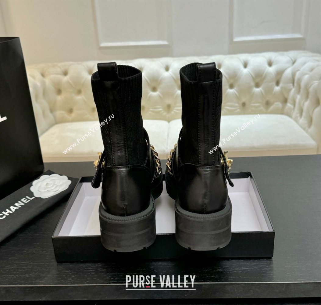 Chanel Knit Calfskin Leather Ankle Boots with Chain Black 2025 CH110406 (MD-251104040)