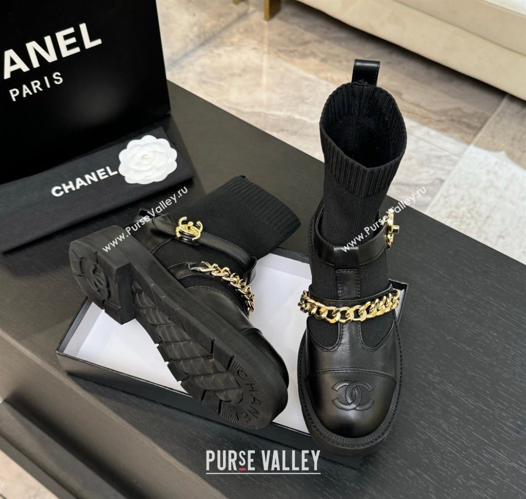 Chanel Knit Calfskin Leather Ankle Boots with Chain Black 2025 CH110406 (MD-251104040)