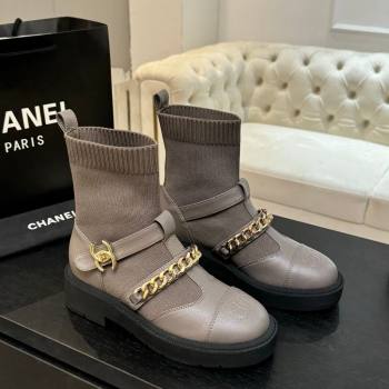 Chanel Knit Calfskin Leather Ankle Boots with Chain Grey 2025 CH110406 (MD-251104041)