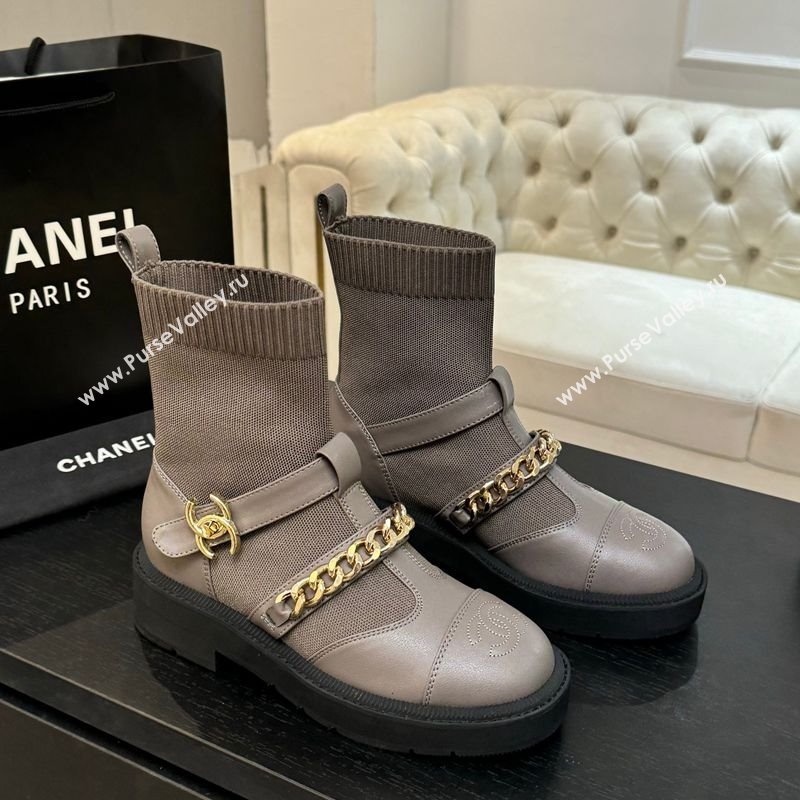 Chanel Knit Calfskin Leather Ankle Boots with Chain Grey 2025 CH110406 (MD-251104041)