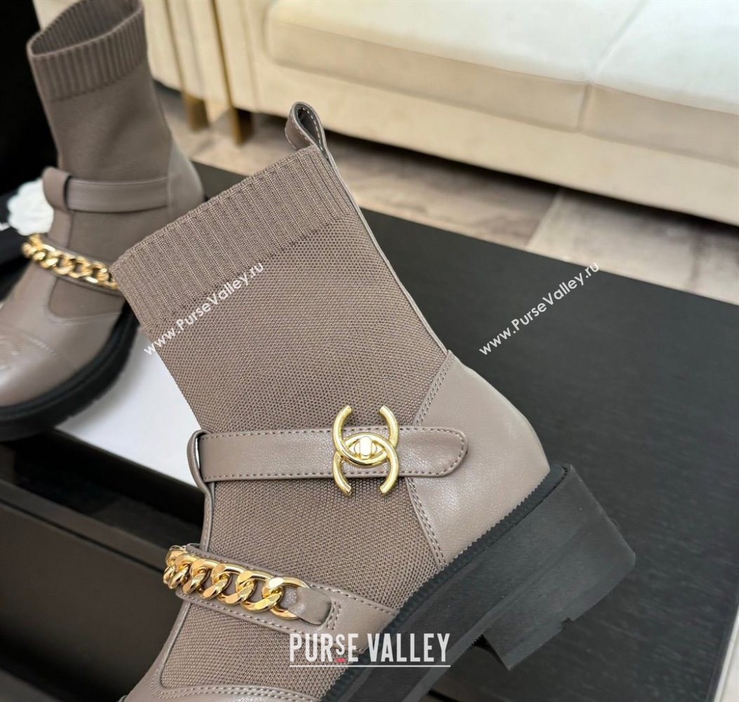 Chanel Knit Calfskin Leather Ankle Boots with Chain Grey 2025 CH110406 (MD-251104041)