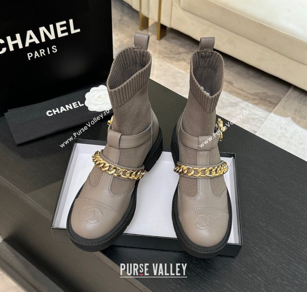 Chanel Knit Calfskin Leather Ankle Boots with Chain Grey 2025 CH110406 (MD-251104041)