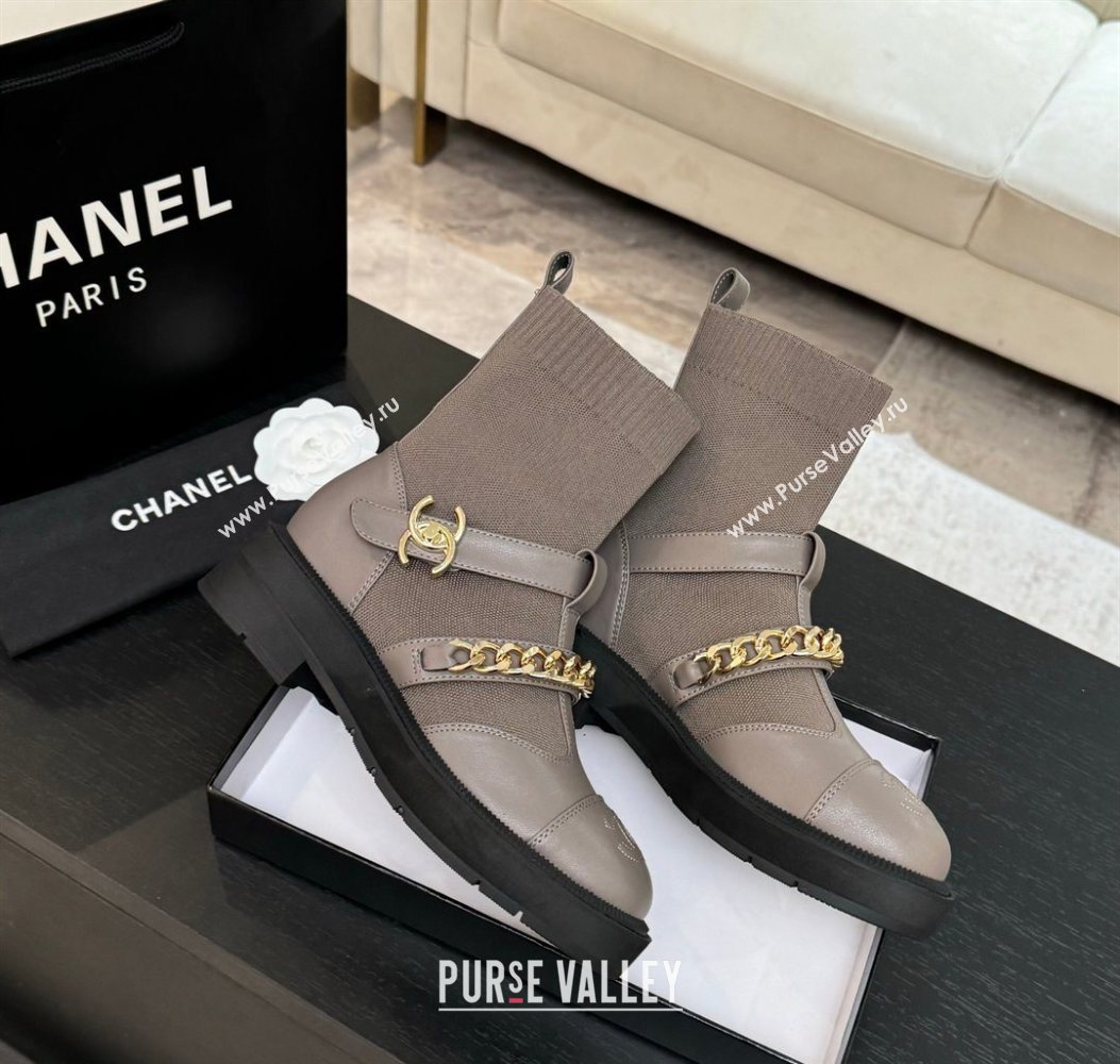 Chanel Knit Calfskin Leather Ankle Boots with Chain Grey 2025 CH110406 (MD-251104041)