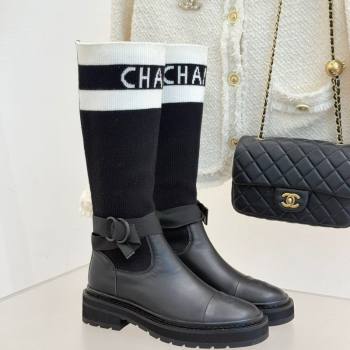 Chanel Knit and Calfskin Medium Boots with Buckle Black 2025 CH11030317 (MD-251103129)