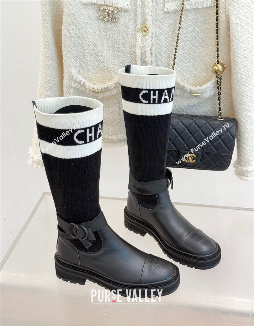 Chanel Knit and Calfskin Medium Boots with Buckle Black 2025 CH11030317 (MD-251103129)