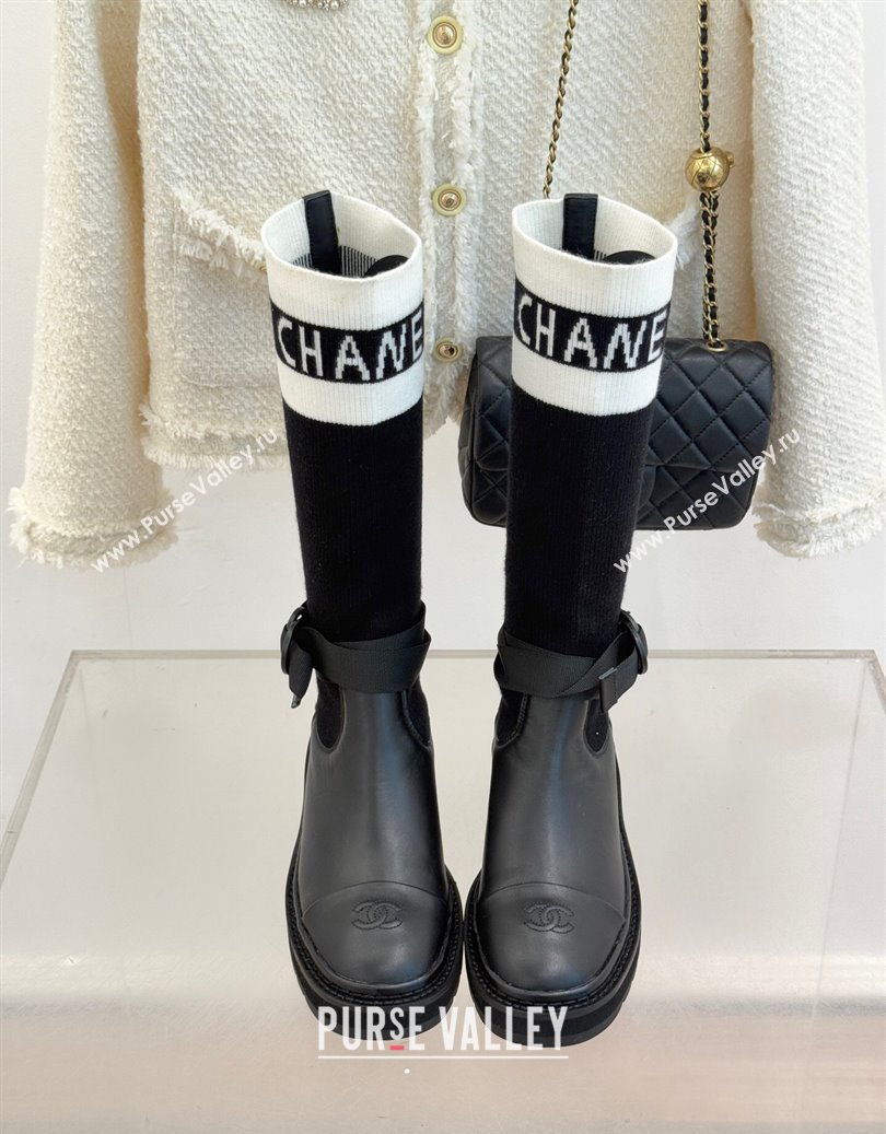 Chanel Knit and Calfskin Medium Boots with Buckle Black 2025 CH11030317 (MD-251103129)